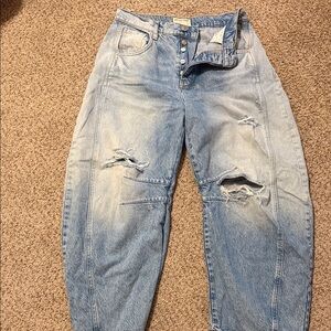 Free People Light Blue Distressed Barrel Jeans